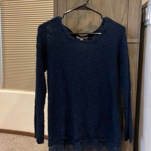 Navy blue sweater with lace feature, size medium